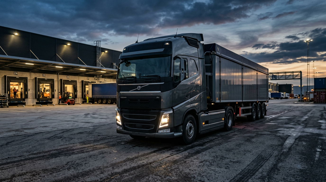 Volvo heavy truck parked outside transport facility