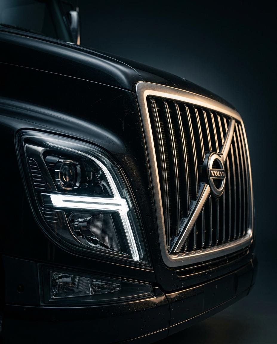Close detail of Volvo commercial truck grille and headlight