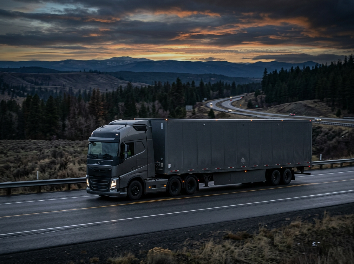 Volvo long-haul semi truck on an open highway at dusk